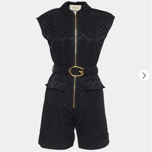 Gucci Black Monogram Jacquard Faille Jumpsuit with Belt - Picture 12 of 14
